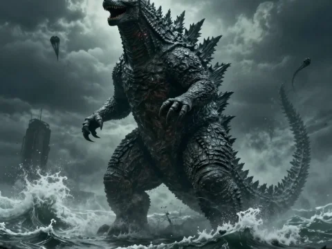 Godzilla Emerging from Stormy Ocean