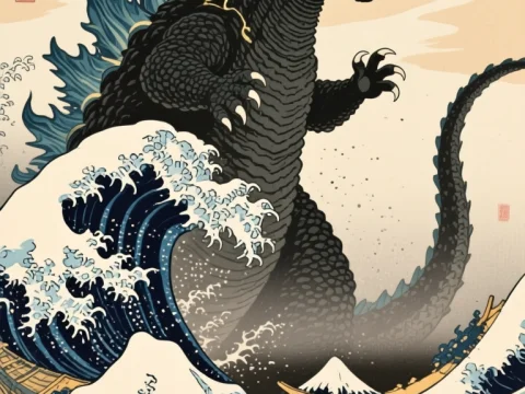 Godzilla in the Style of Hokusai's Great Wave
