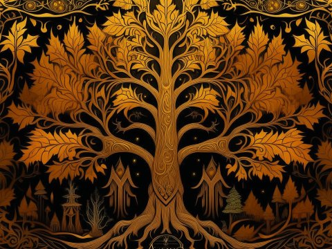 Golden Alinor Maple Tree with Ornate Leaves and Mystical Symbols