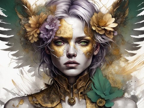 Golden Angel with Floral Crown and Mechanical Armor