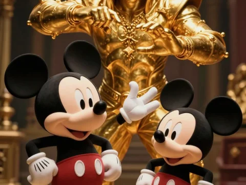 Golden Anime Warrior Behind Two Classic Mickey Mouse Figures
