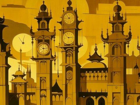 Golden Clock Towers in Stylized Architectural Scene