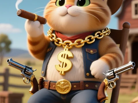Golden Cowboy Cat with Cigars and Guns in Wild West