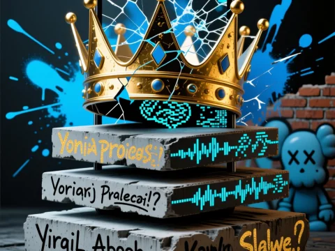 Golden Crown Through Glitch Layers with Graffiti Text