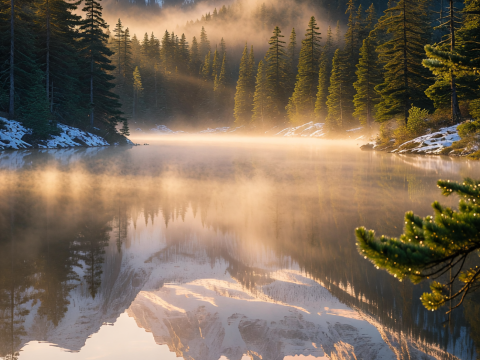 Golden Dawn Mist Over Serene Mountain Lake
