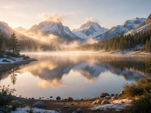 Golden Dawn Mist Over Serene Mountain Lake