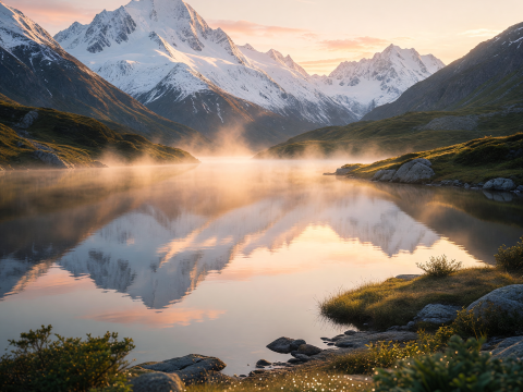 Golden Dawn Mist Over Serene Mountain Lake