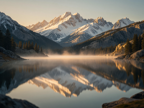 Golden Dawn Mist Over Serene Snow-Capped Peaks