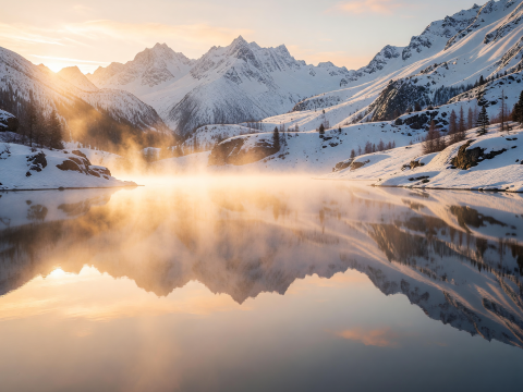 Golden Dawn Mist Over Serene Snowy Mountain Lake
