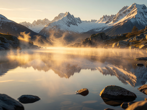 Golden Dawn Mist Over Serene Snowy Mountain Peaks