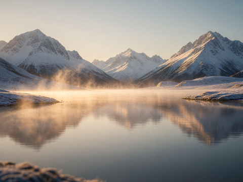 Golden Dawn Mist Over Serene Snowy Peaks