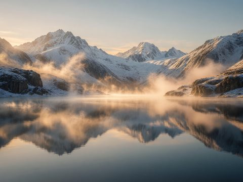 Golden Dawn Mist Over Snowy Mountain Lake