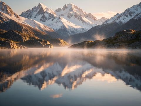 Golden Dawn Over Misty Mountain Lake