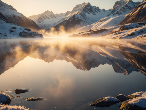 Golden Dawn Over Serene Mountain Lake