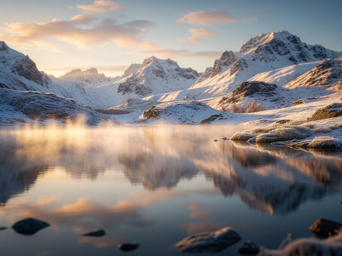 Golden Dawn Over Serene Snowy Mountain Lake