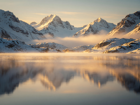 Golden Dawn Over Serene Snowy Mountain Lake