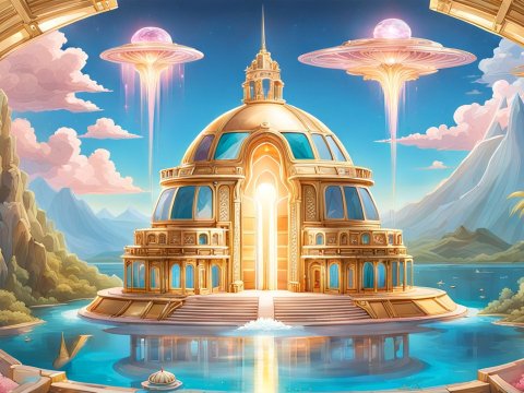 Golden Dome Sanctuary with Floating UFOs in a Serene Landscape