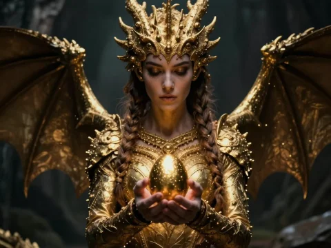 Golden Dragon Queen Holding a Glowing Egg
