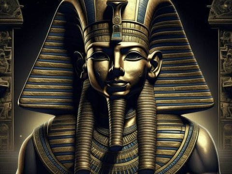 Golden Egyptian Pharaoh Bust with Hieroglyphic Pillars