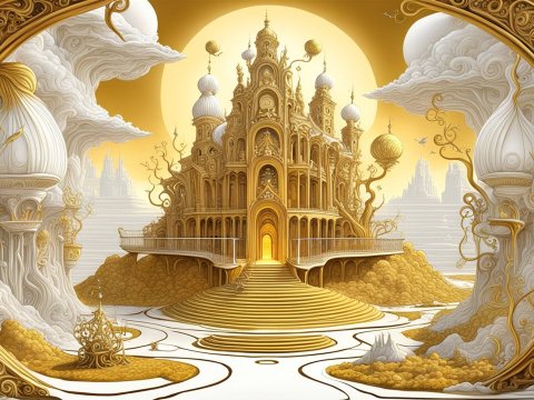 Golden Fantasy Palace in a Surreal Paradise