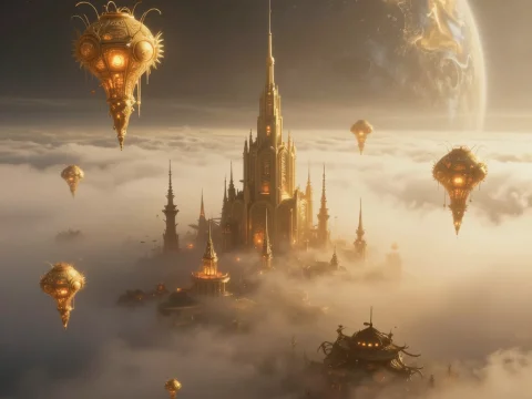 Golden Fog City with Floating Orbs on a Mystical Planet