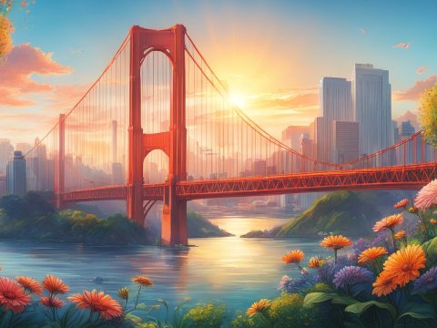 Golden Gate Bridge at Sunset with Vibrant Flowers