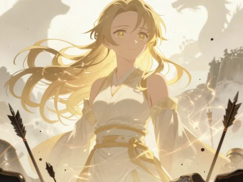 Golden-Haired Anime Warrior Amidst Battlefield Shadows