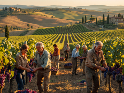 Golden Harvest in Italian Vineyard at Sunset