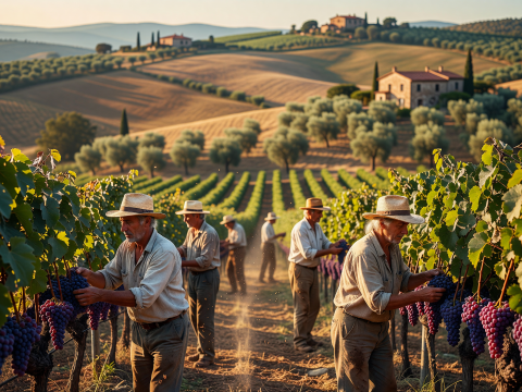 Golden Harvest in Tuscan Vineyards at Sunset
