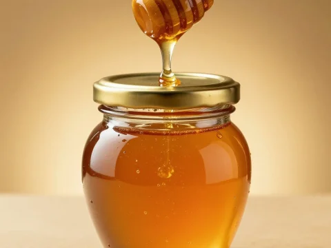 Golden Honey Dripping from Wooden Dipper into Jar