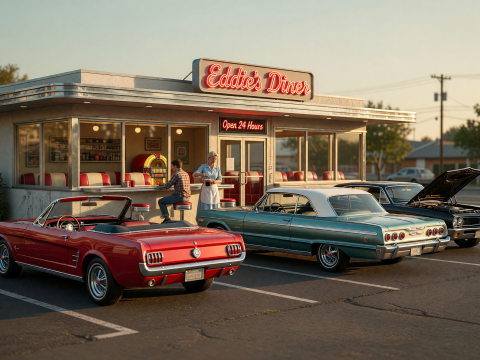Golden Hour at Eddie's 1960s Diner with Classic Cars