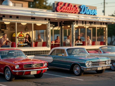 Golden Hour at Eddie's Classic 60s Diner with Vintage Cars