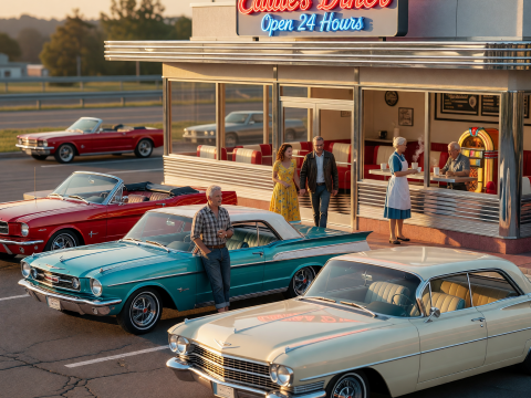 Golden Hour at Eddie's Retro Diner with Classic Cars