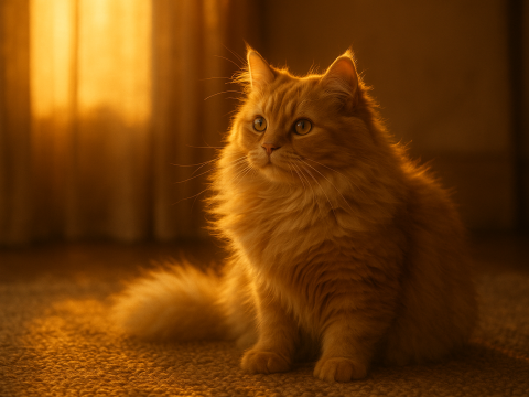 Golden Hour Fluffy Cat on Rug