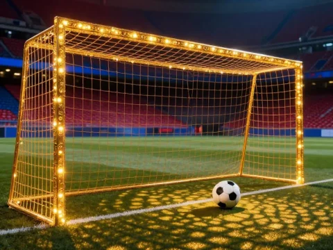 Golden Illuminated Soccer Goal with Ball on Field