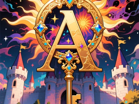 Golden Key with Ornate 'A' Over Fantasy Castle