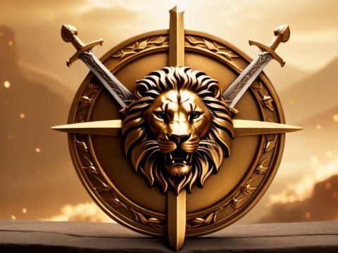 Golden Lion Emblem with Swords on Fiery Background