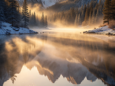 Golden Mist at Dawn Over Serene Mountain Lake