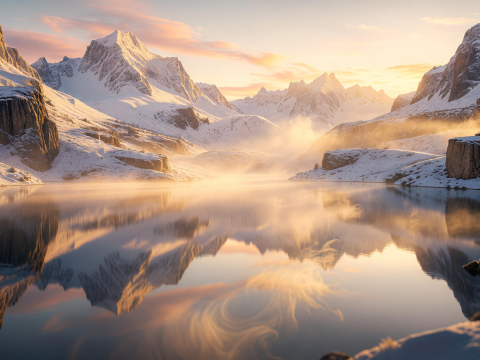 Golden Mist at Serene Mountain Lake at Dawn