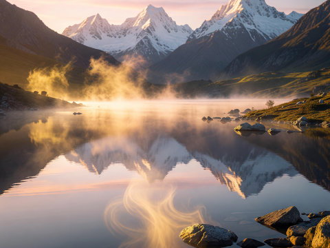 Golden Mist Dawn at Serene Mountain Lake