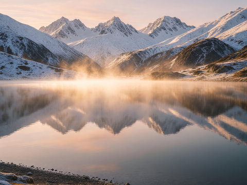 Golden Mist Dawn Over Serene Mountain Lake