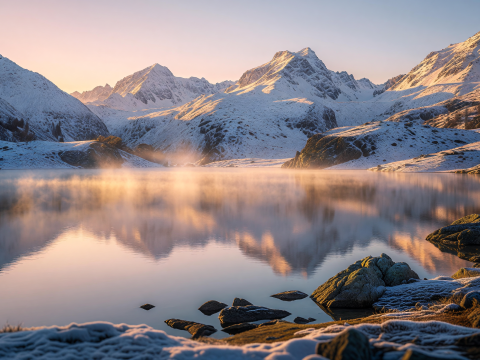 Golden Mist Dawn Over Serene Snowy Mountain Lake
