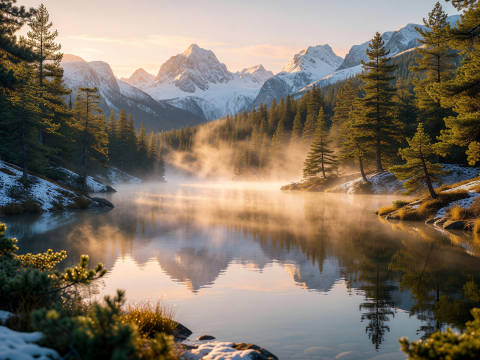 Golden Mist Sunrise Over Mountain Lake