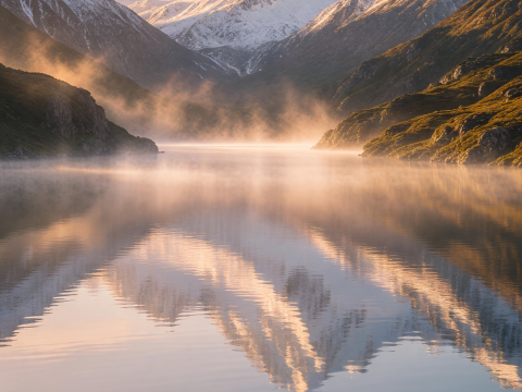 Golden Mist Sunrise Over Serene Alpine Lake