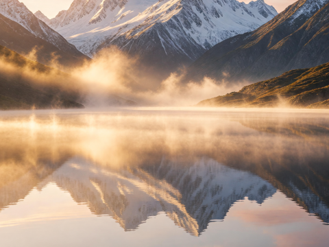 Golden Mist Sunrise Over Serene Mountain Lake