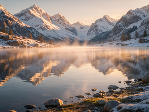 Golden Mist Sunrise Over Snowy Mountain Lake