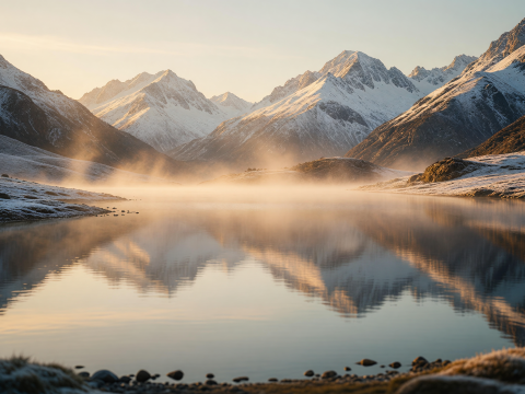 Golden Mist Sunrise Over Snowy Mountain Lake