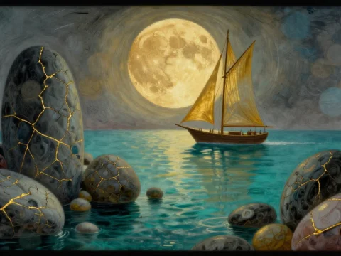 Golden Moonlit Sailboat Among Luminous Cracked Stones
