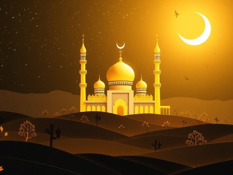 Golden Mosque Illuminated Under Crescent Moon in Desert Night