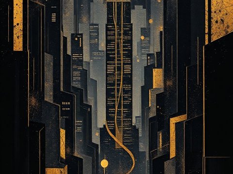 Golden Orbs Over Stylized Cityscape